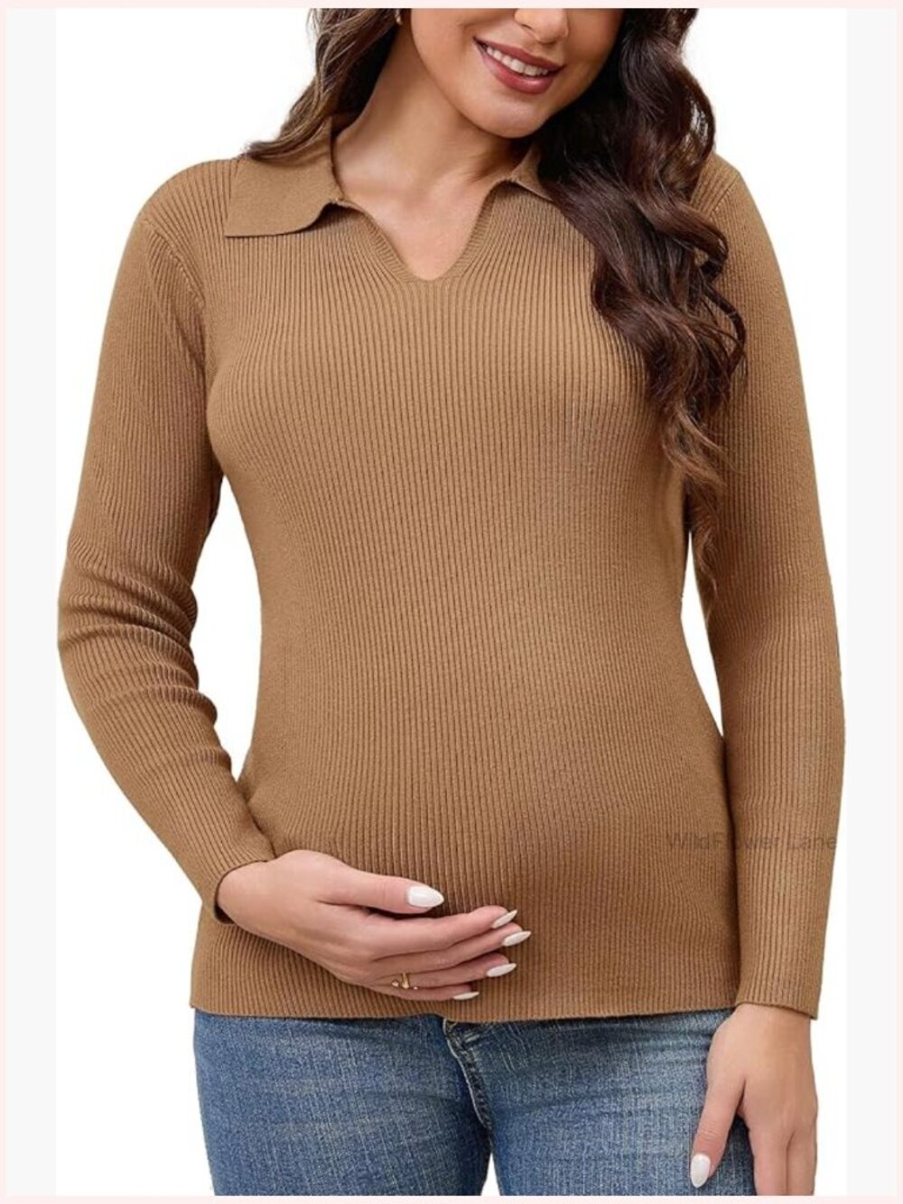 Maternity Ribbed Sweater Knit Polo V-Neck Tunic Pullover Long Sleeve Top